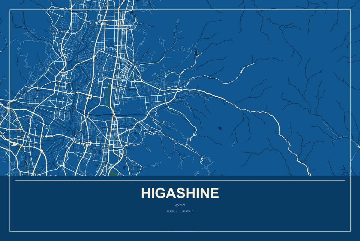 Higashine, Japan City Map Aluminum Sign in Harbor Cobalt style