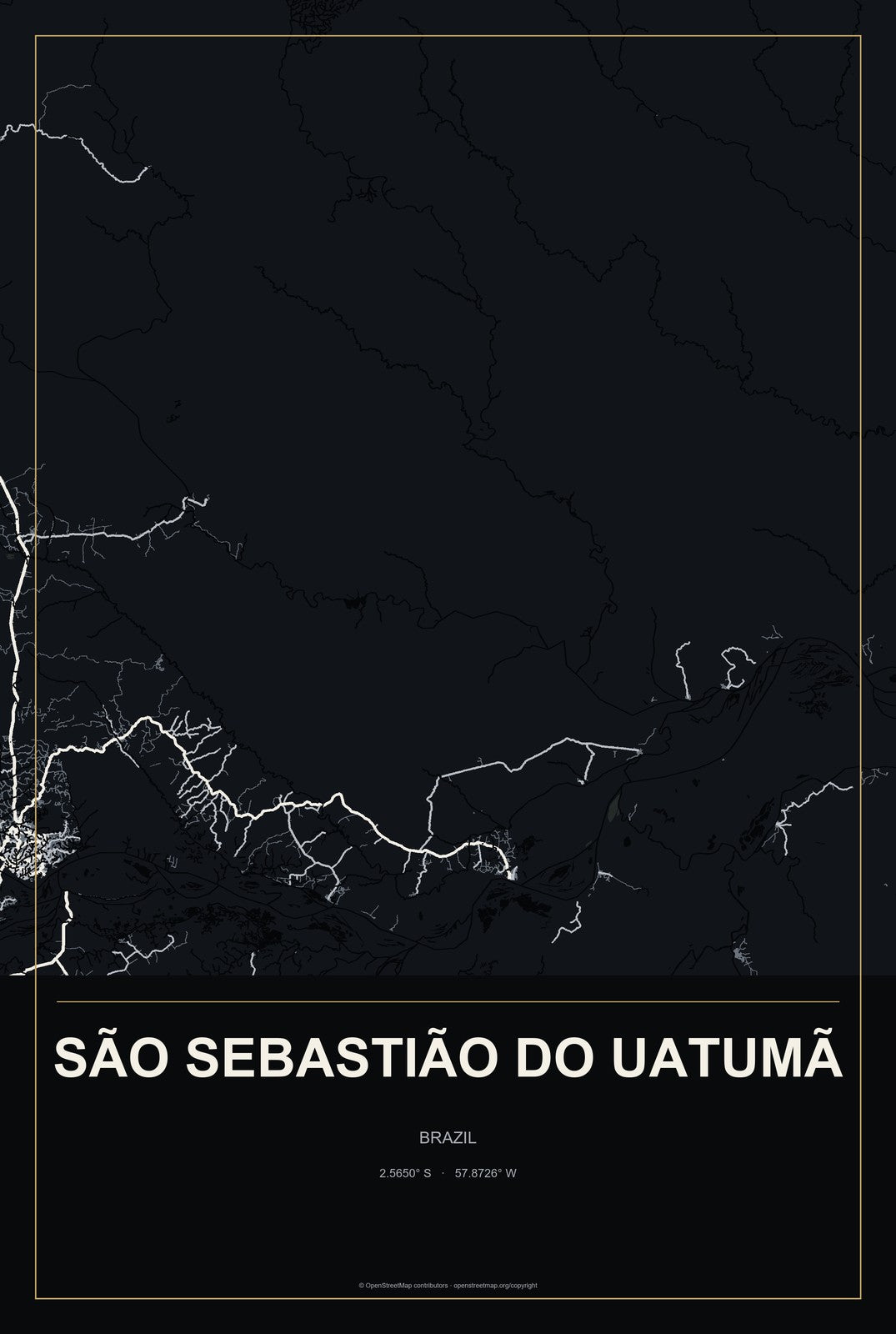 São Sebastião do Uatumã, Brazil City Map Aluminum Sign in Metropolitan Noir style