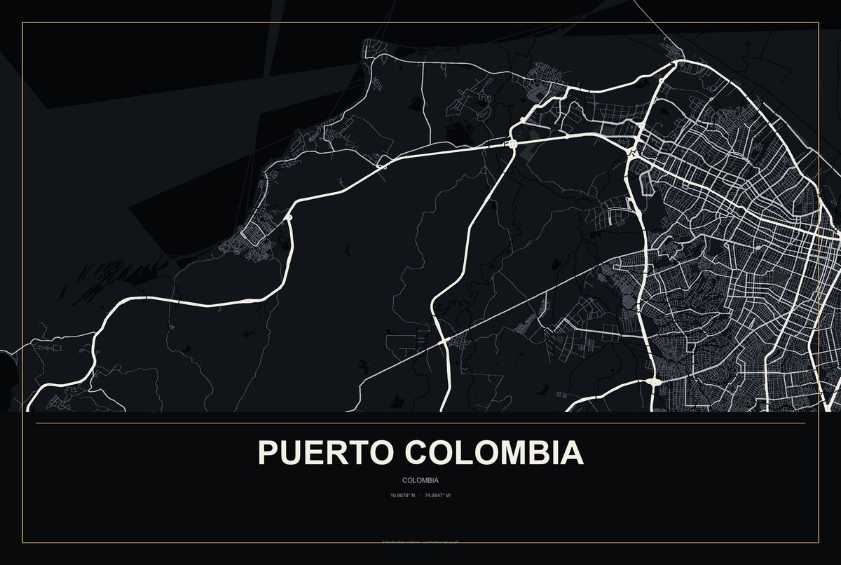 Puerto Colombia, Colombia City Map Aluminum Sign in Metropolitan Noir style
