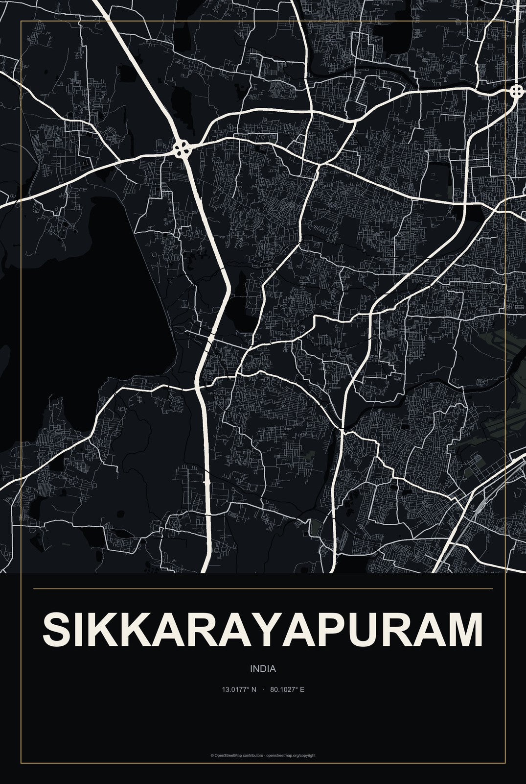 Sikkarayapuram, India City Map Aluminum Sign in Metropolitan Noir style