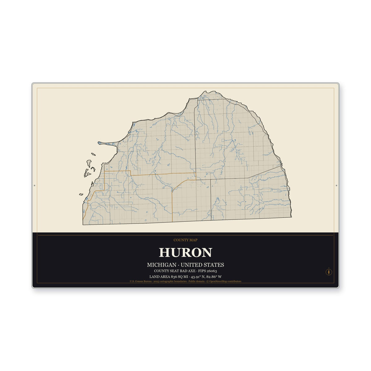 Huron County, Michigan Map Aluminum Sign in Museum Plaque style