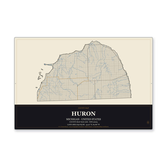 Huron County, Michigan Map Aluminum Sign in Museum Plaque style
