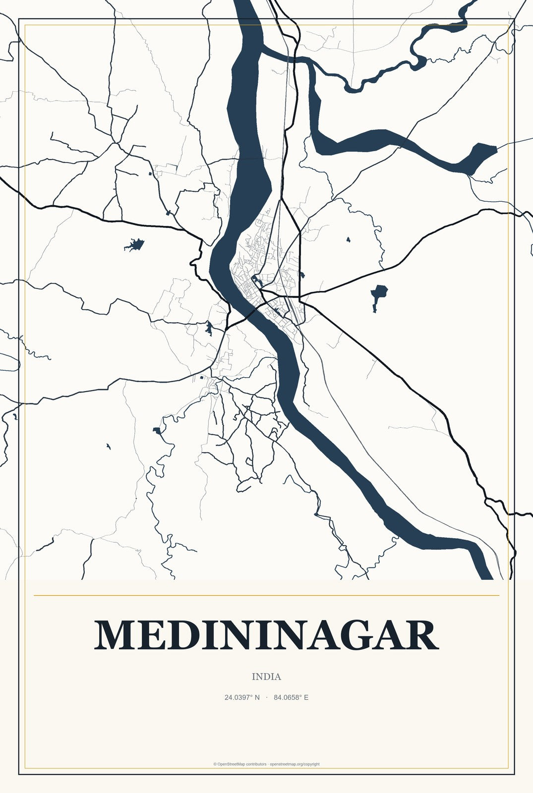 Medininagar, India City Map Aluminum Sign in Citrine Modern style
