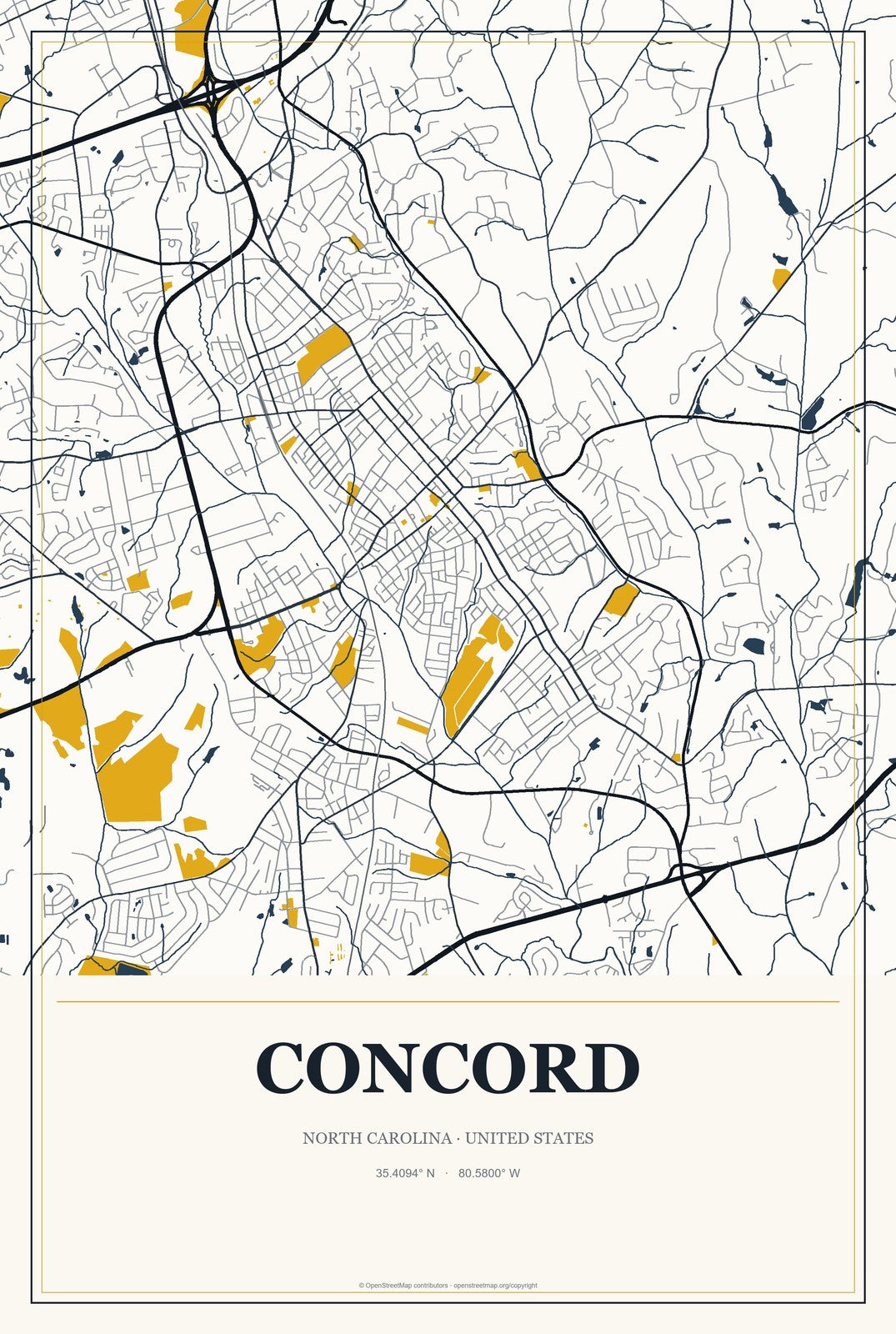 Concord, North Carolina City Map Aluminum Sign in Citrine Modern style