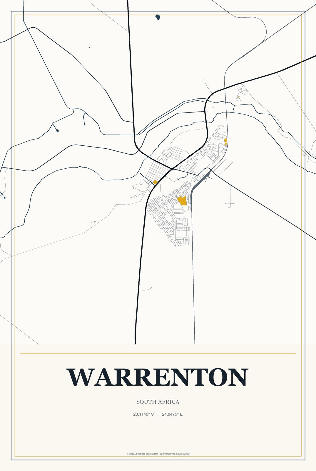 Warrenton, South Africa City Map Aluminum Sign in Citrine Modern style