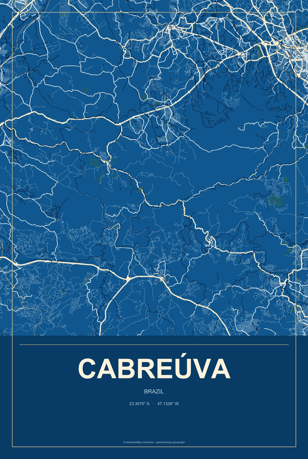 Cabreúva, Brazil City Map Aluminum Sign in Harbor Cobalt style