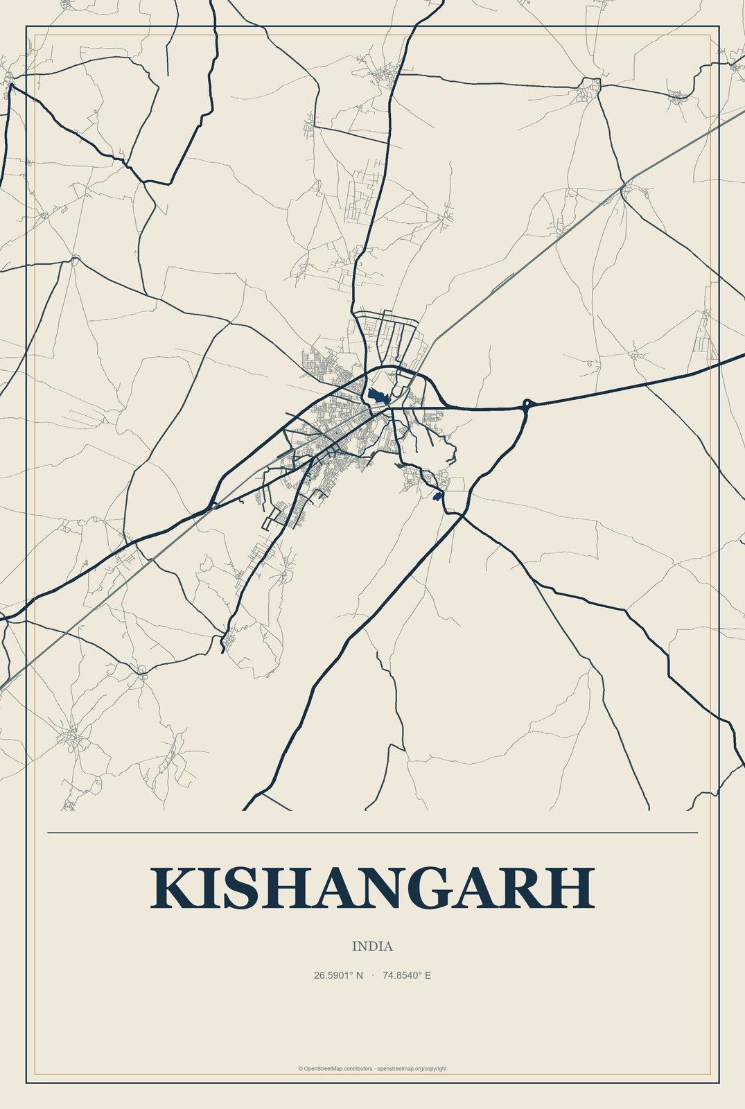 Kishangarh, India City Map Aluminum Sign in Coastal Cutout style