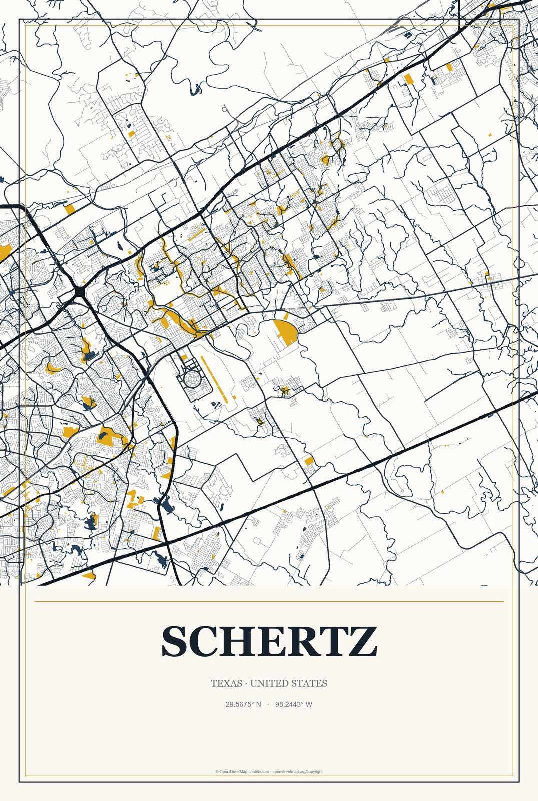 Schertz, Texas City Map Aluminum Sign in Citrine Modern style