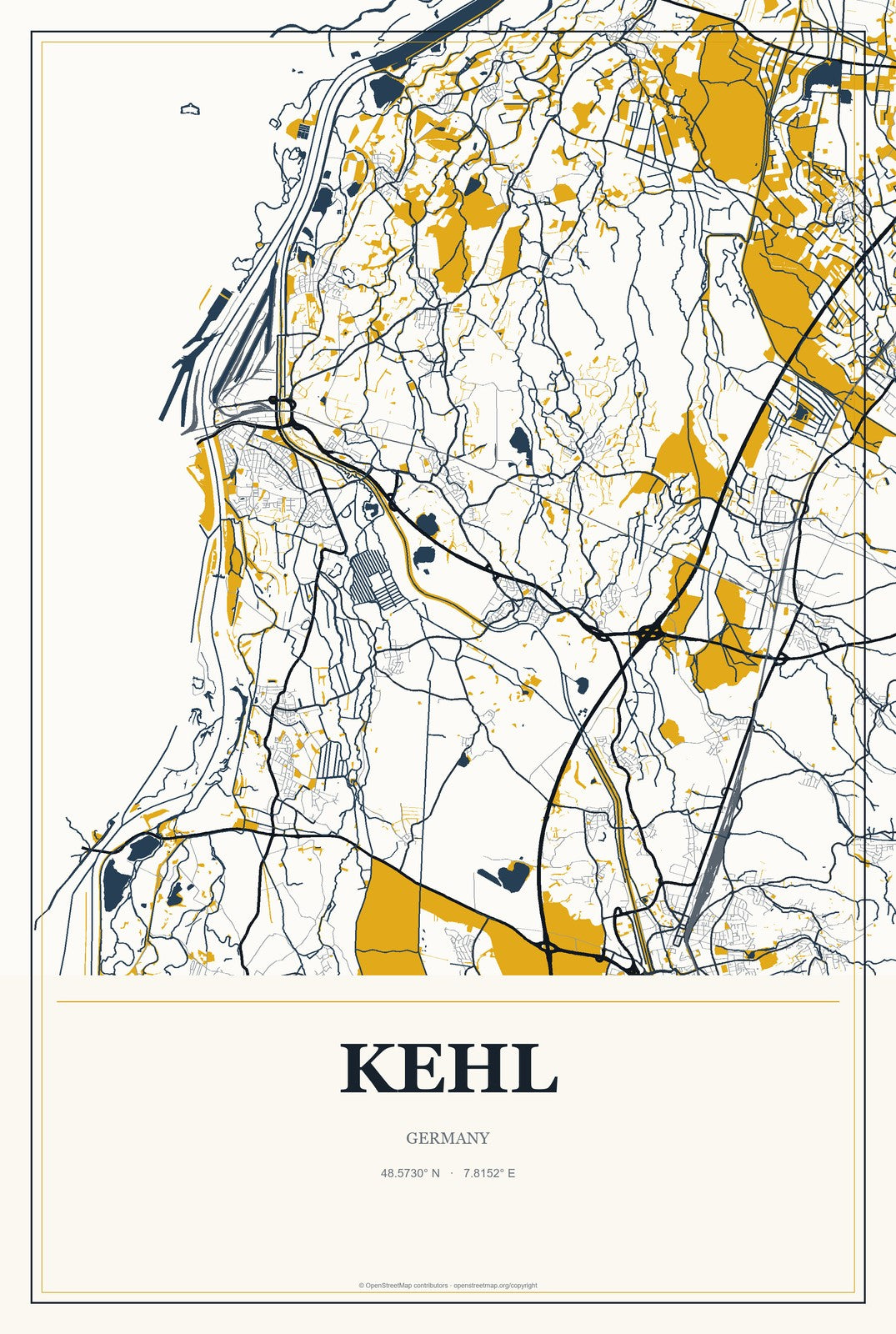 Kehl, Germany City Map Aluminum Sign in Citrine Modern style