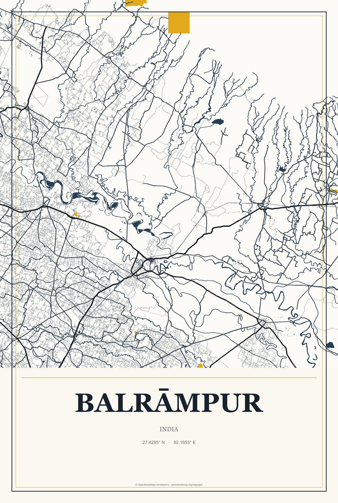 Balrāmpur, India City Map Aluminum Sign in Citrine Modern style
