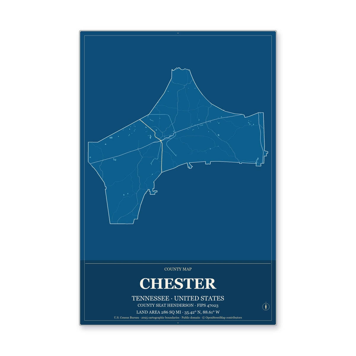 Chester County, Tennessee Map Aluminum Sign in Harbor Cobalt style