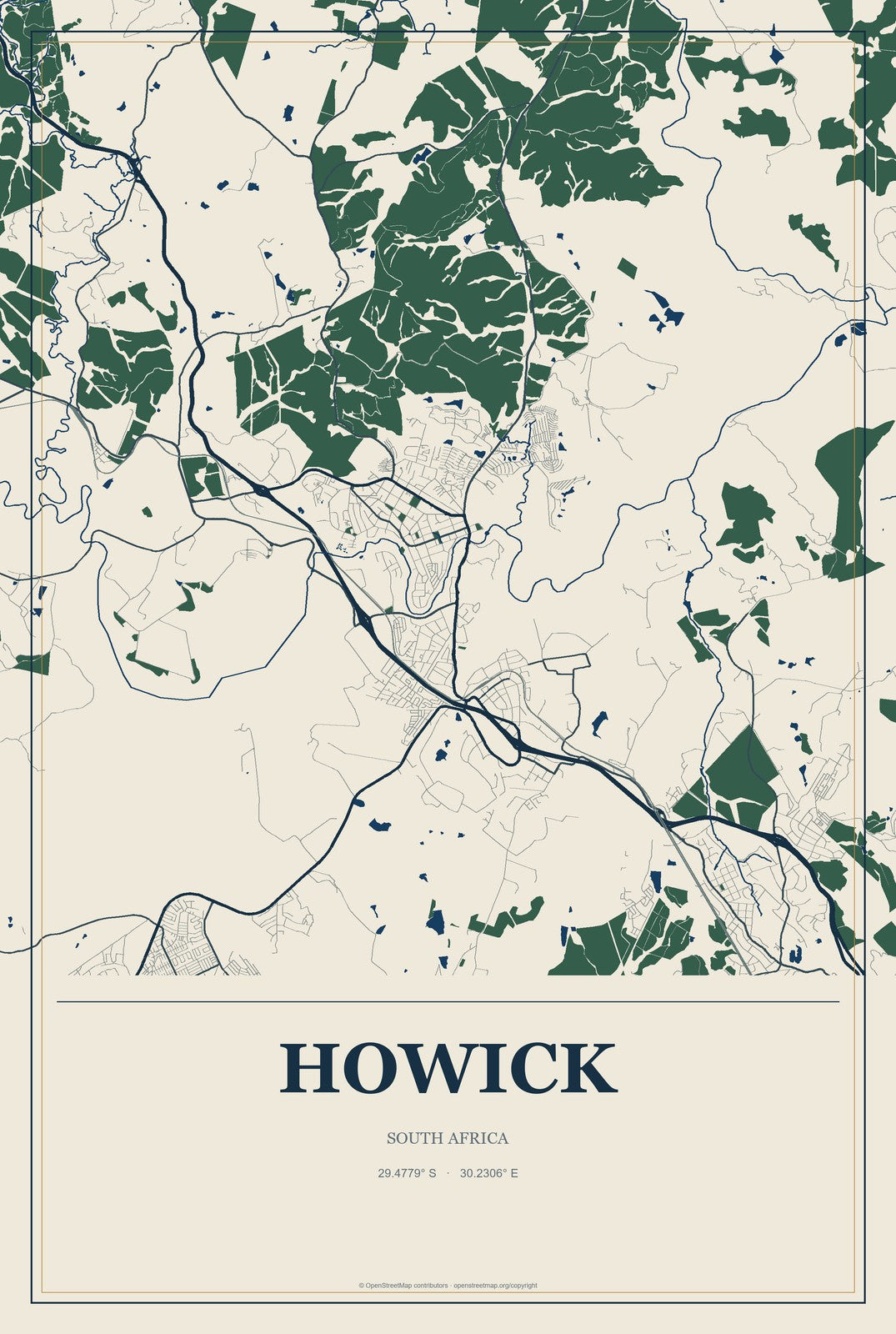 Howick, South Africa City Map Aluminum Sign in Coastal Cutout style