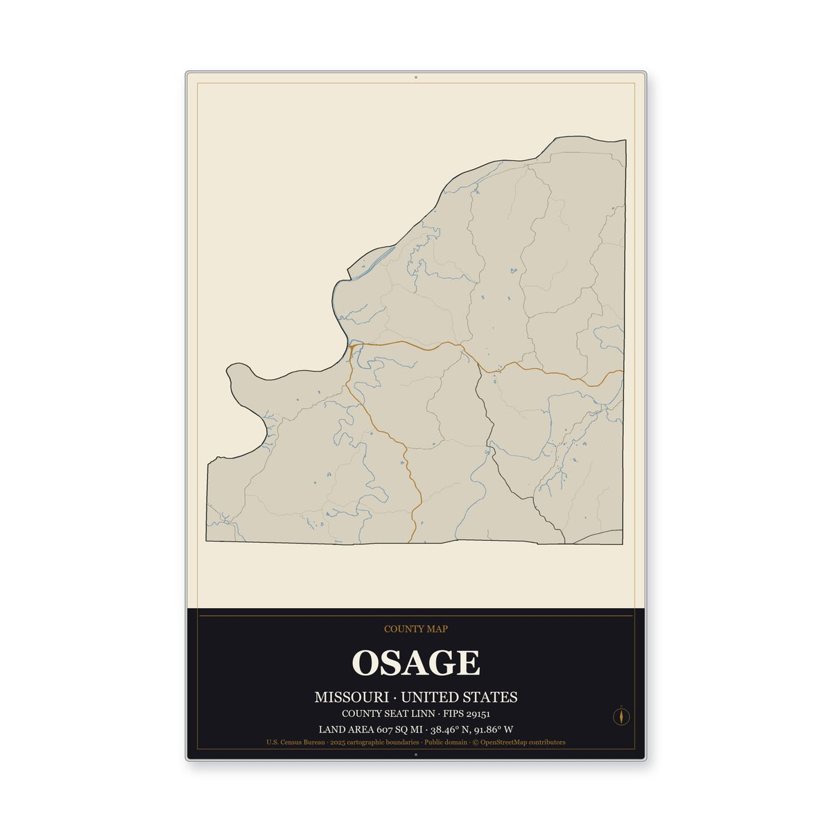 Osage County, Missouri Map Aluminum Sign in Museum Plaque style