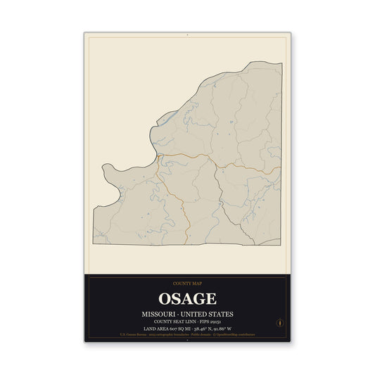 Osage County, Missouri Map Aluminum Sign in Museum Plaque style
