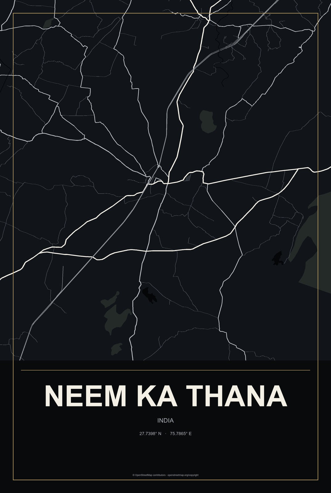 Neem ka Thana, India City Map Aluminum Sign in Metropolitan Noir style
