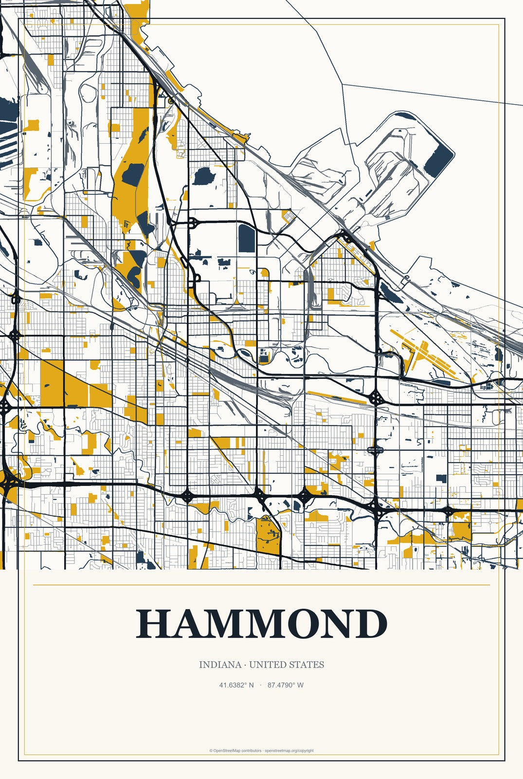 Hammond, Indiana City Map Aluminum Sign in Citrine Modern style