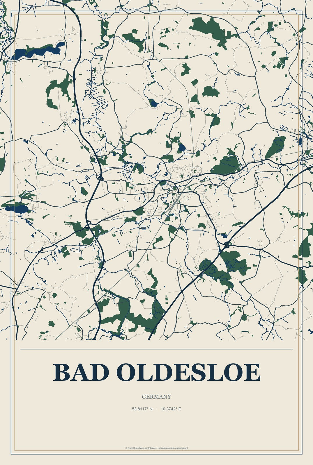 Bad Oldesloe, Germany City Map Aluminum Sign in Coastal Cutout style