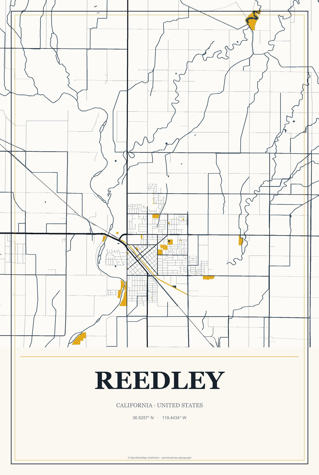 Reedley, California City Map Aluminum Sign in Citrine Modern style