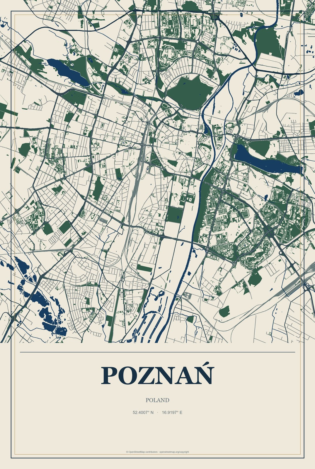 Poznań, Poland City Map Aluminum Sign in Coastal Cutout style
