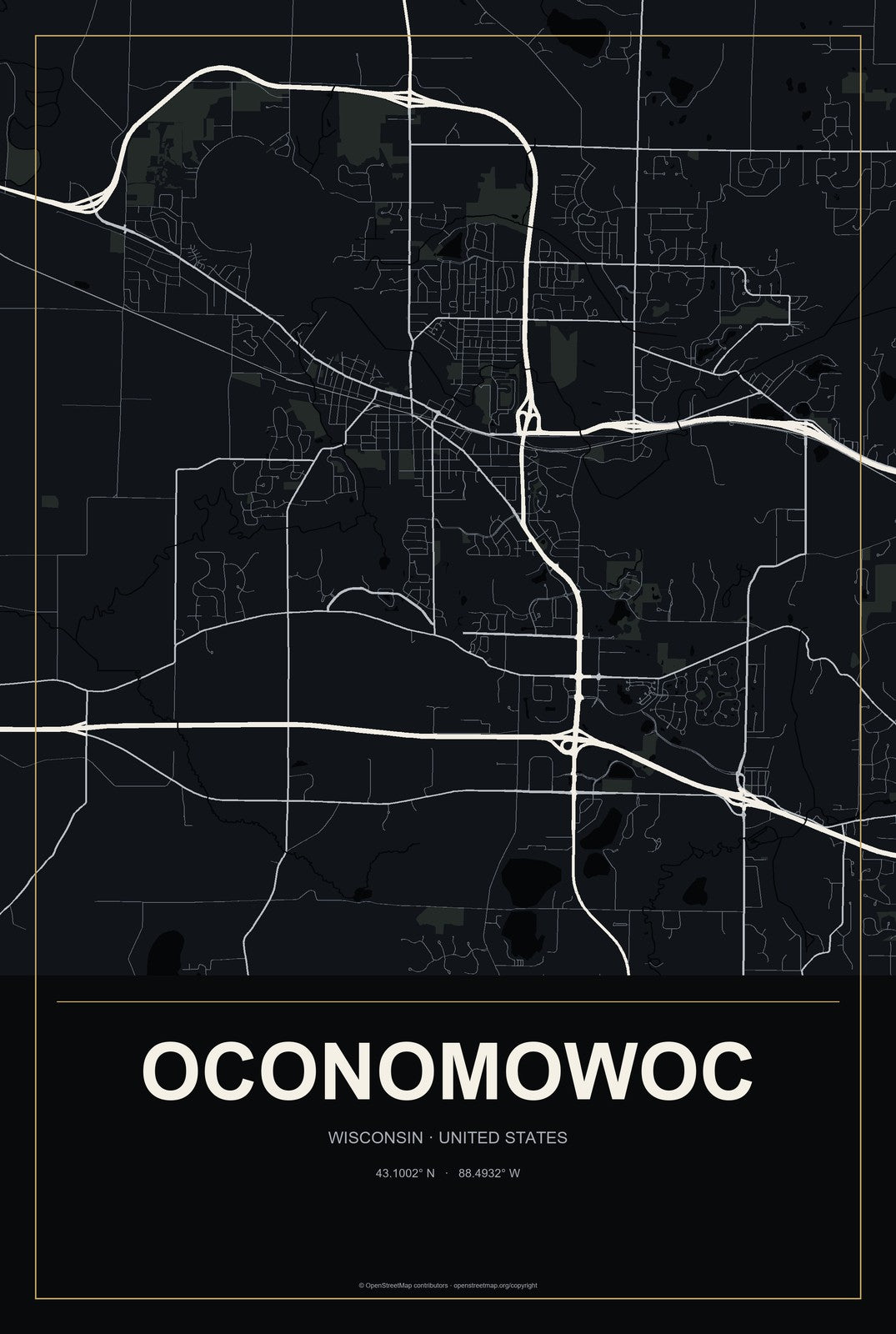 Oconomowoc, Wisconsin City Map Aluminum Sign in Metropolitan Noir style