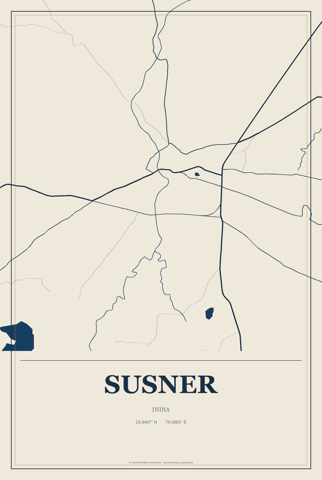 Susner, India City Map Aluminum Sign in Coastal Cutout style
