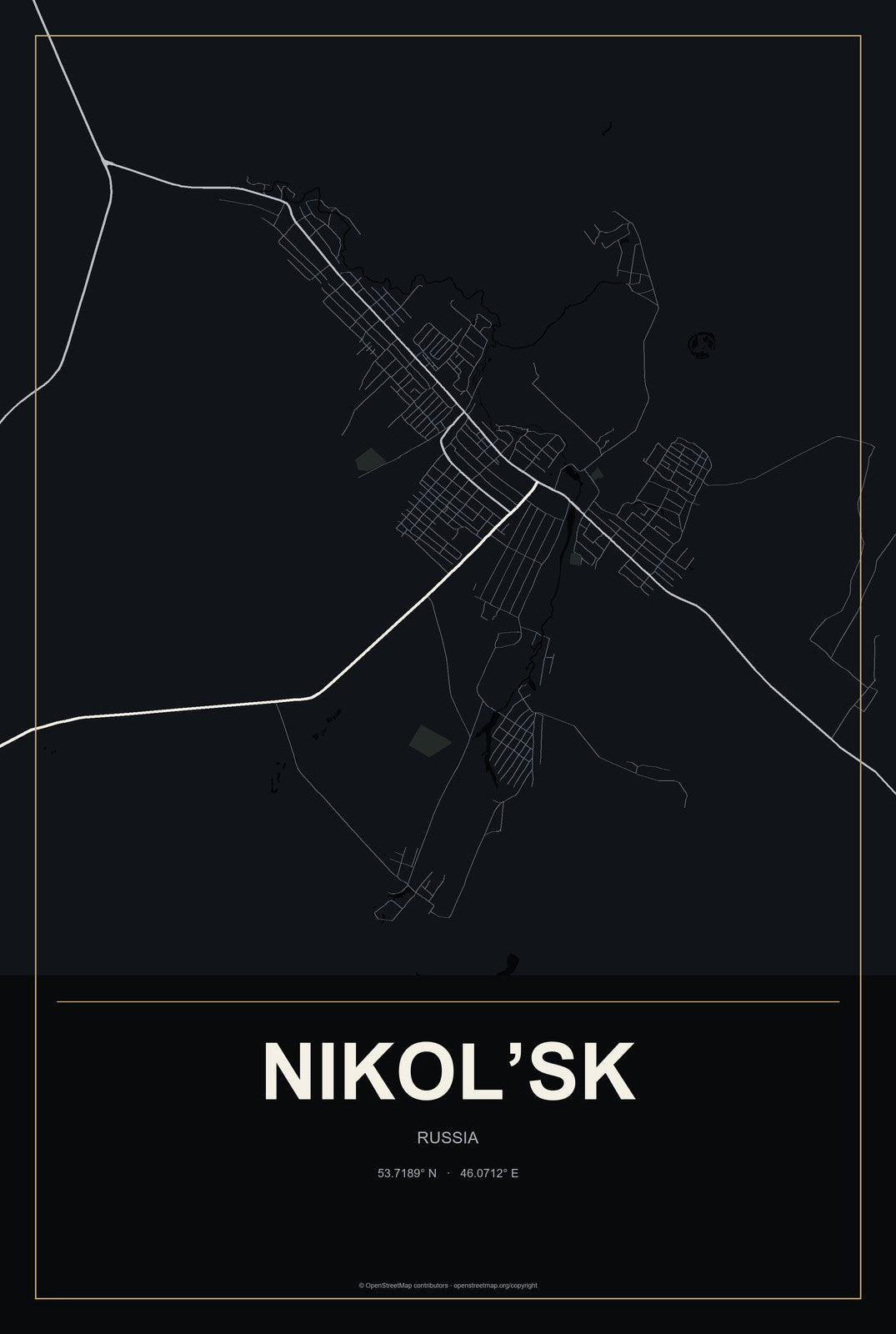 Nikol’sk, Russia City Map Aluminum Sign in Metropolitan Noir style