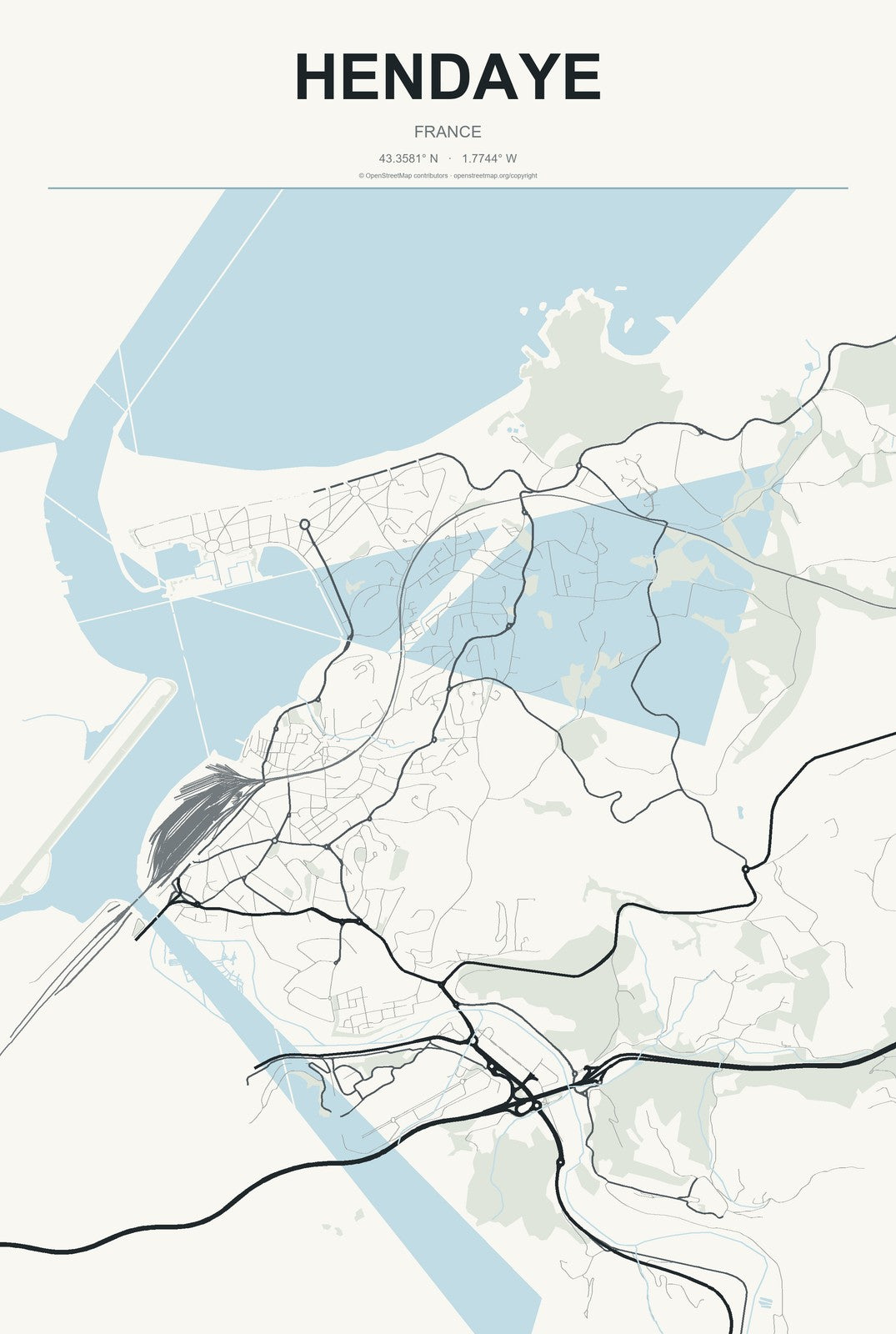 Hendaye, France City Map Aluminum Sign in Headline Atlas style