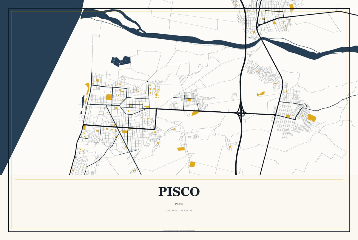 Pisco, Peru City Map Aluminum Sign in Citrine Modern style