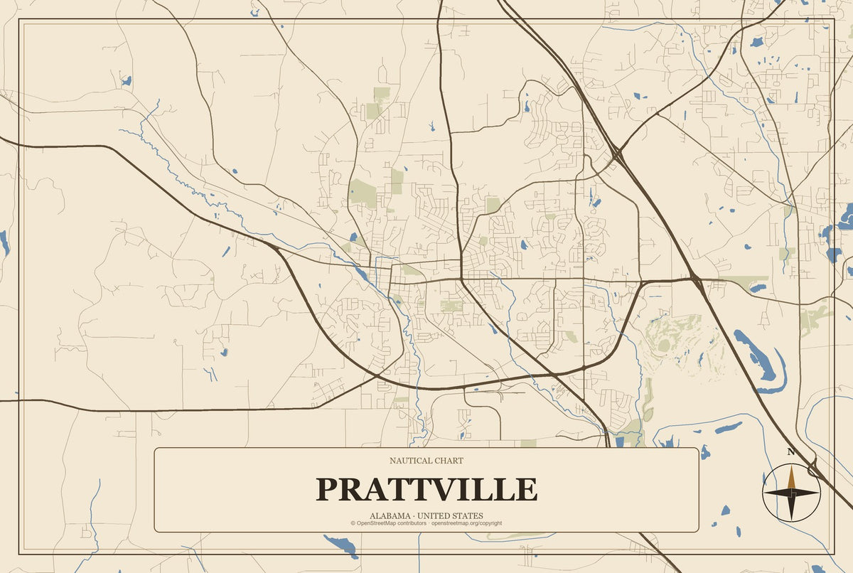 Prattville, Alabama City Map Aluminum Sign in Heritage Nautical style