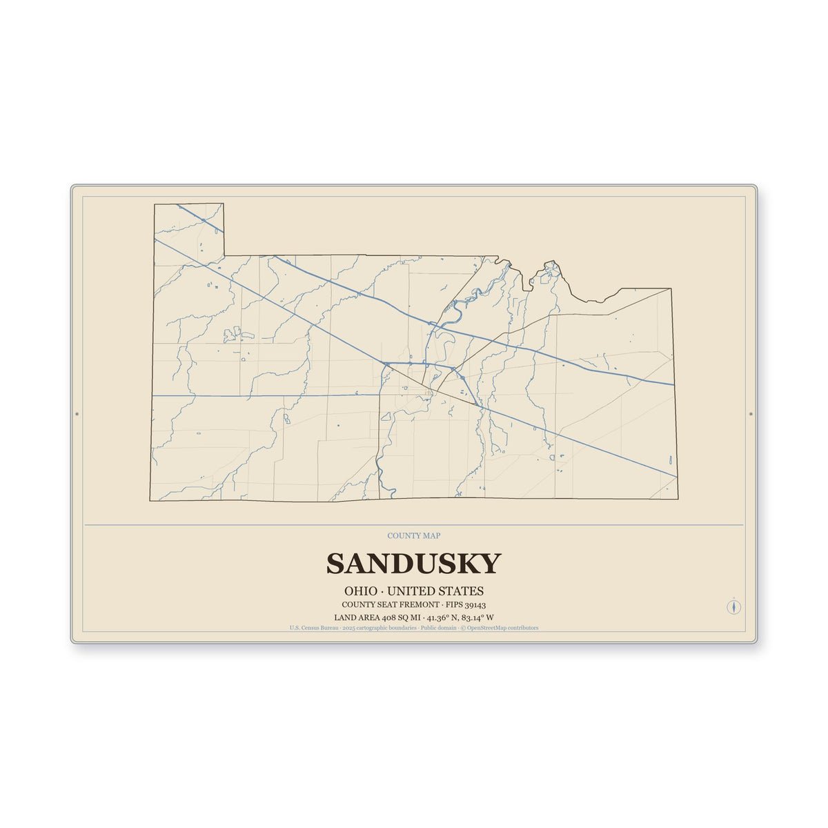 Sandusky County, Ohio Map Aluminum Sign in Heritage Nautical style