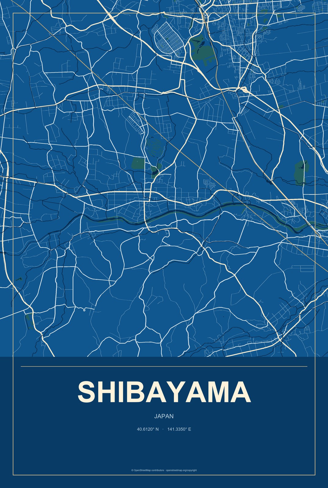 Shibayama, Japan City Map Aluminum Sign in Harbor Cobalt style