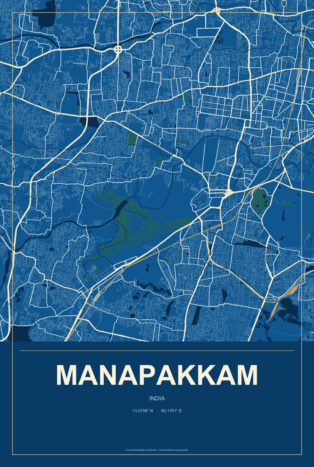 Manapakkam, India City Map Aluminum Sign in Harbor Cobalt style
