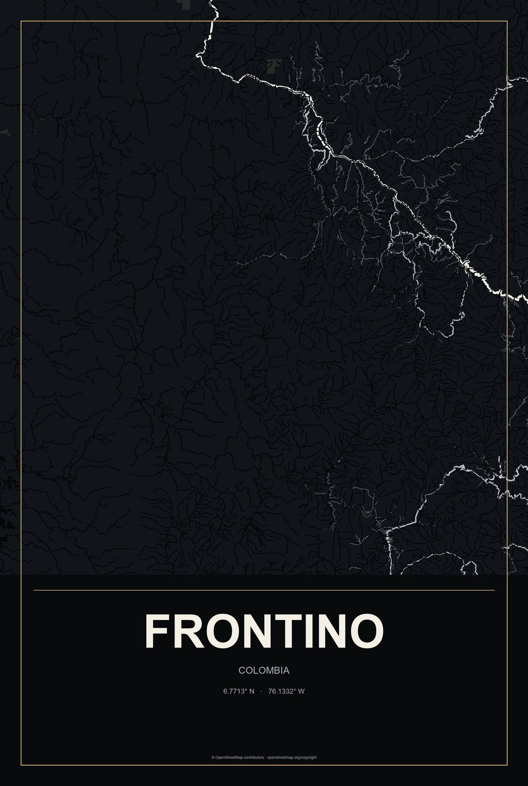 Frontino, Colombia City Map Aluminum Sign in Metropolitan Noir style