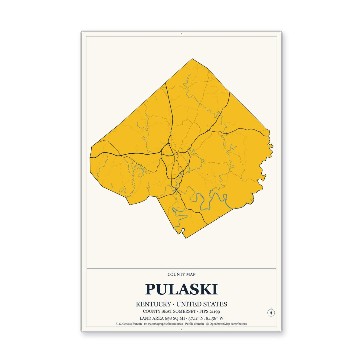 Pulaski County, Kentucky Map Aluminum Sign in Citrine Modern style