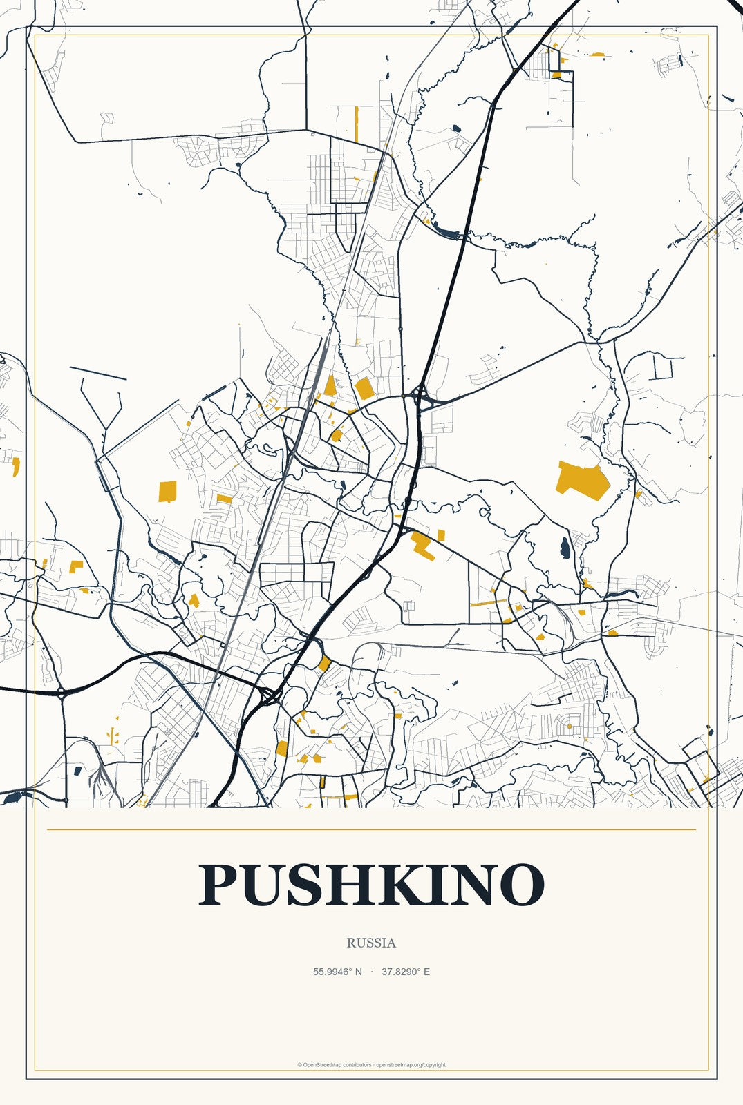 Pushkino, Russia City Map Aluminum Sign in Citrine Modern style