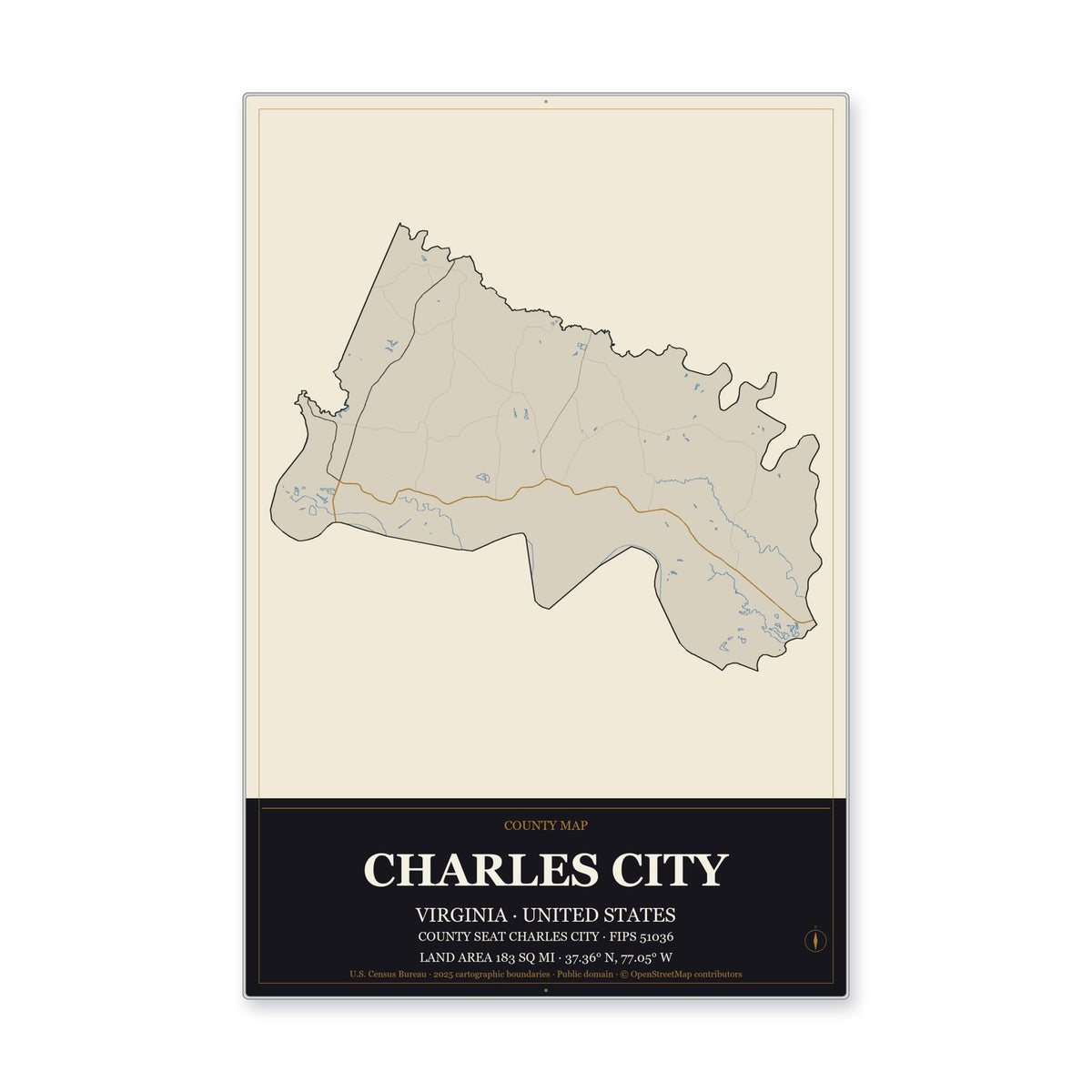 Charles City County, Virginia Map Aluminum Sign in Museum Plaque style