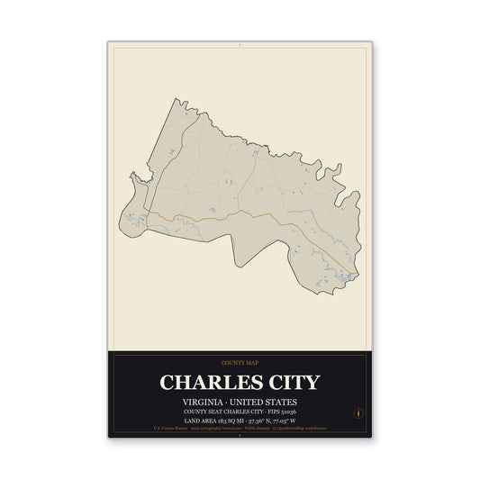 Charles City County, Virginia Map Aluminum Sign in Museum Plaque style