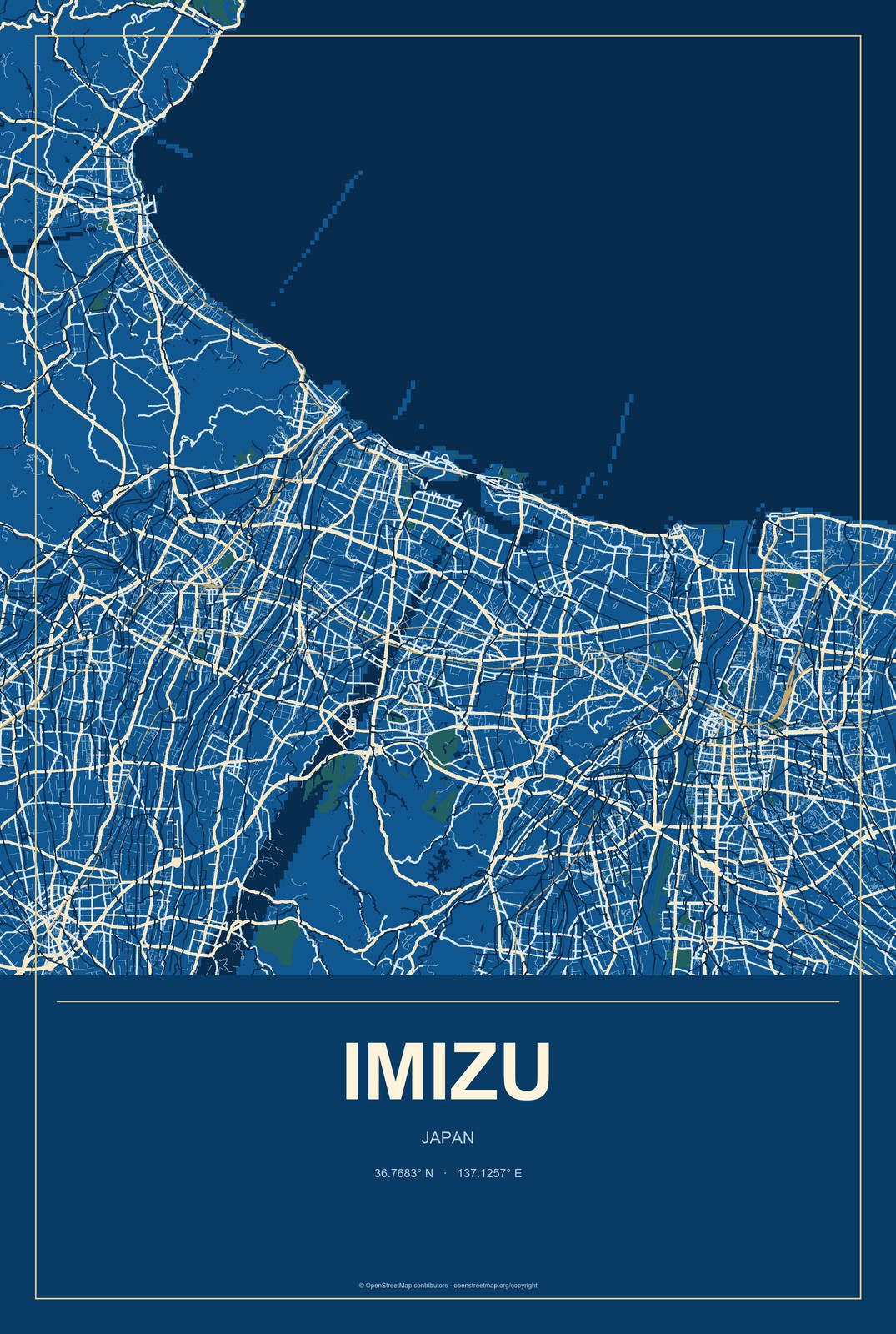 Imizu, Japan City Map Aluminum Sign in Harbor Cobalt style