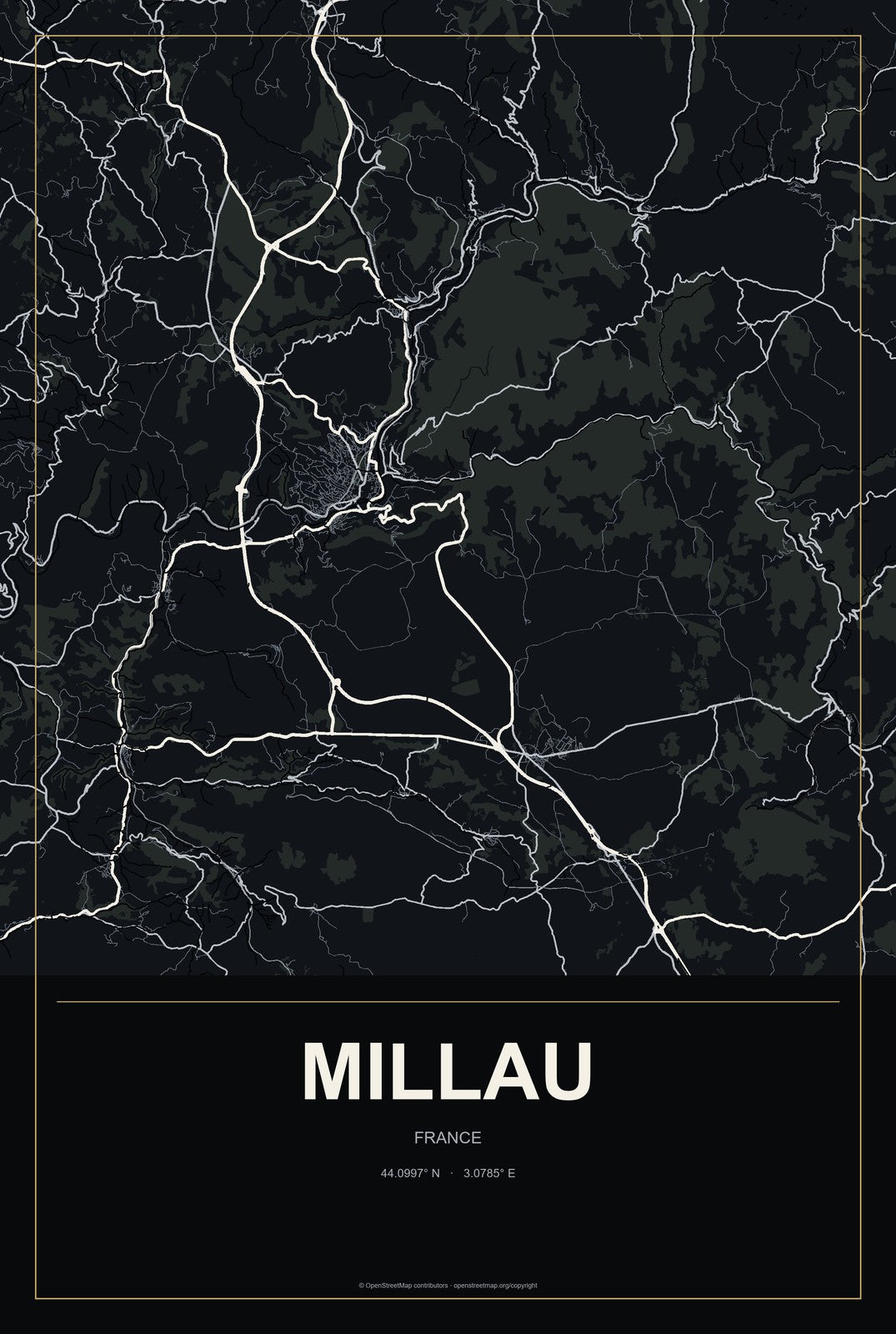 Millau, France City Map Aluminum Sign in Metropolitan Noir style