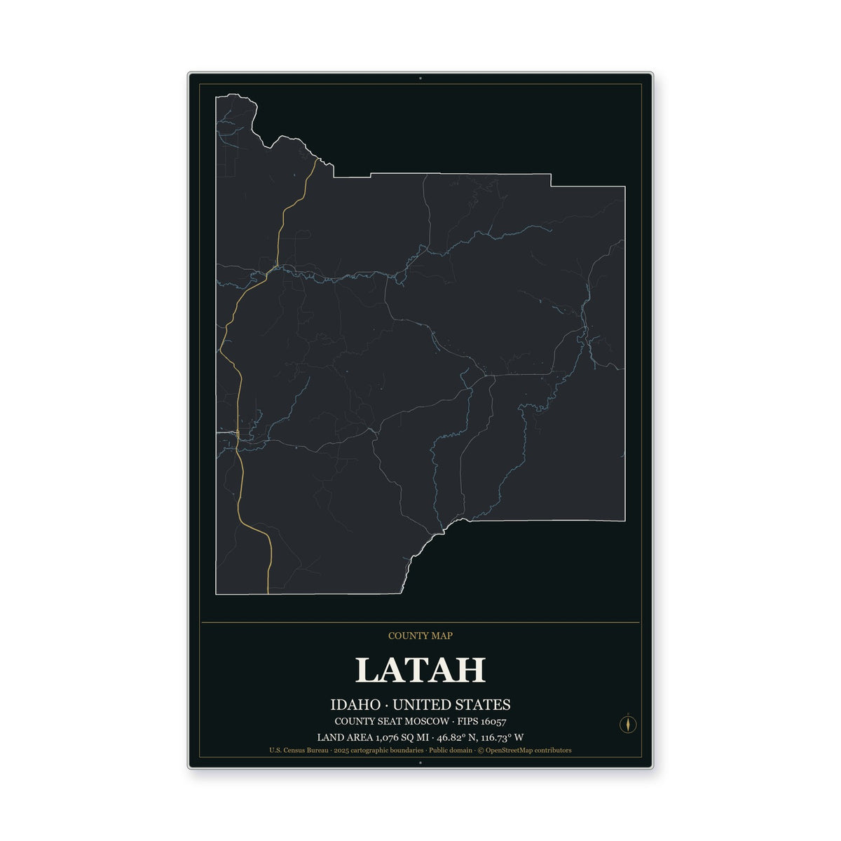Latah County, Idaho Map Aluminum Sign in Metropolitan Noir style