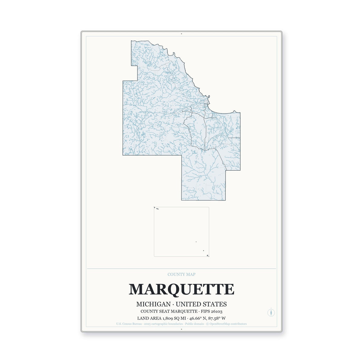 Marquette County, Michigan Map Aluminum Sign in Gallery Air style
