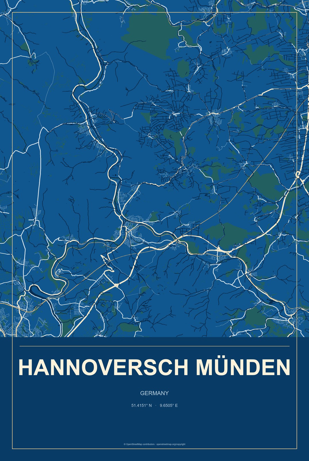 Hannoversch Münden, Germany City Map Aluminum Sign in Harbor Cobalt style