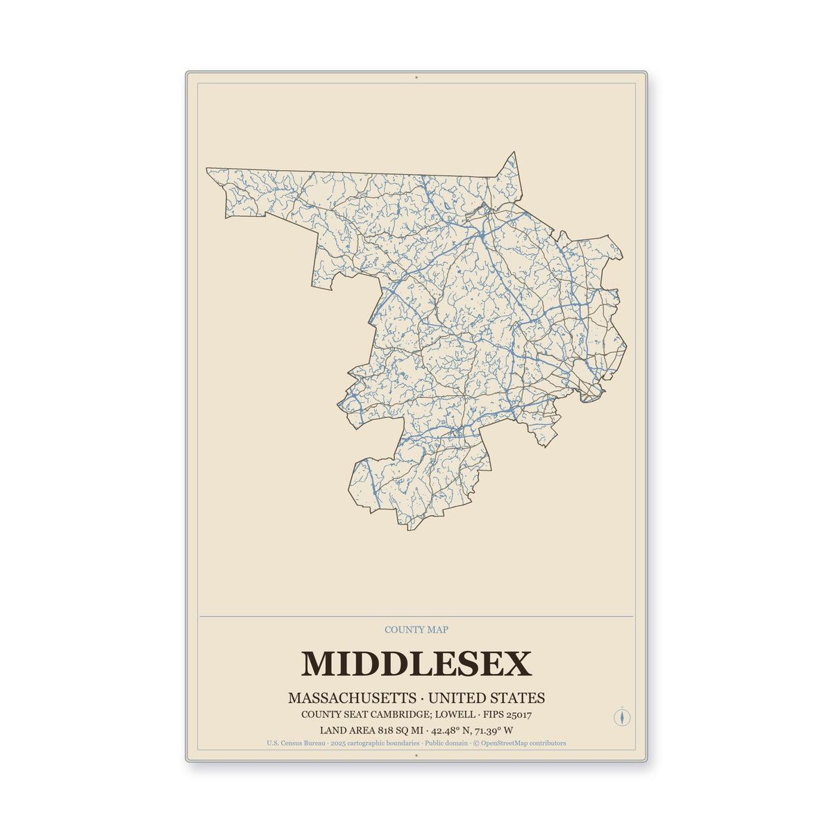 Middlesex County, Massachusetts Map Aluminum Sign in Heritage Nautical style