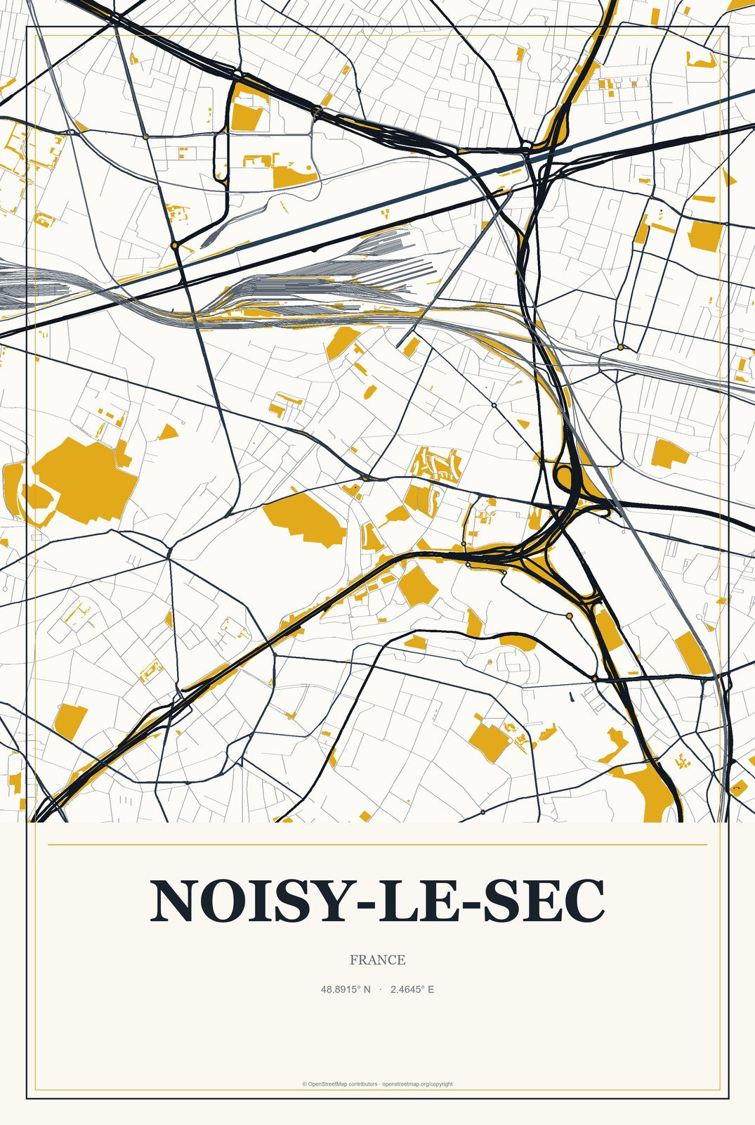 Noisy-le-Sec, France City Map Aluminum Sign in Citrine Modern style