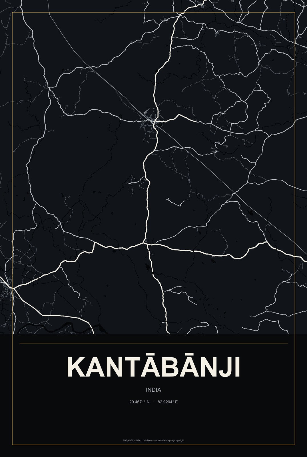 Kantābānji, India City Map Aluminum Sign in Metropolitan Noir style