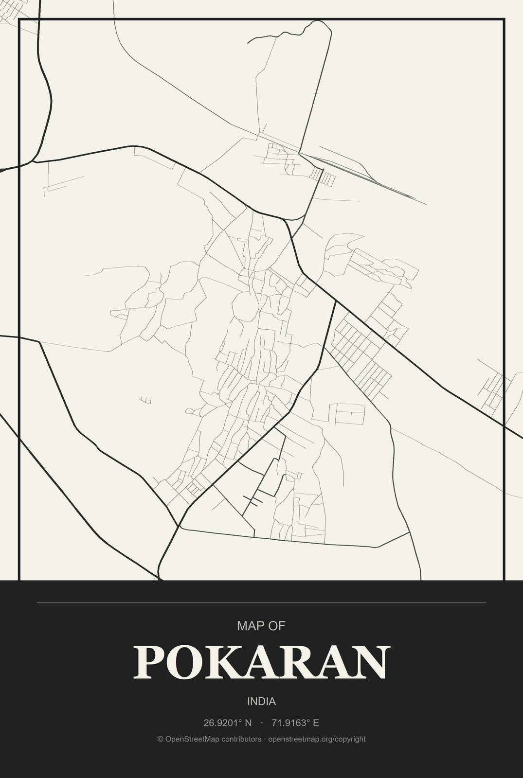 Pokaran, India City Map Aluminum Sign in Museum Plaque style