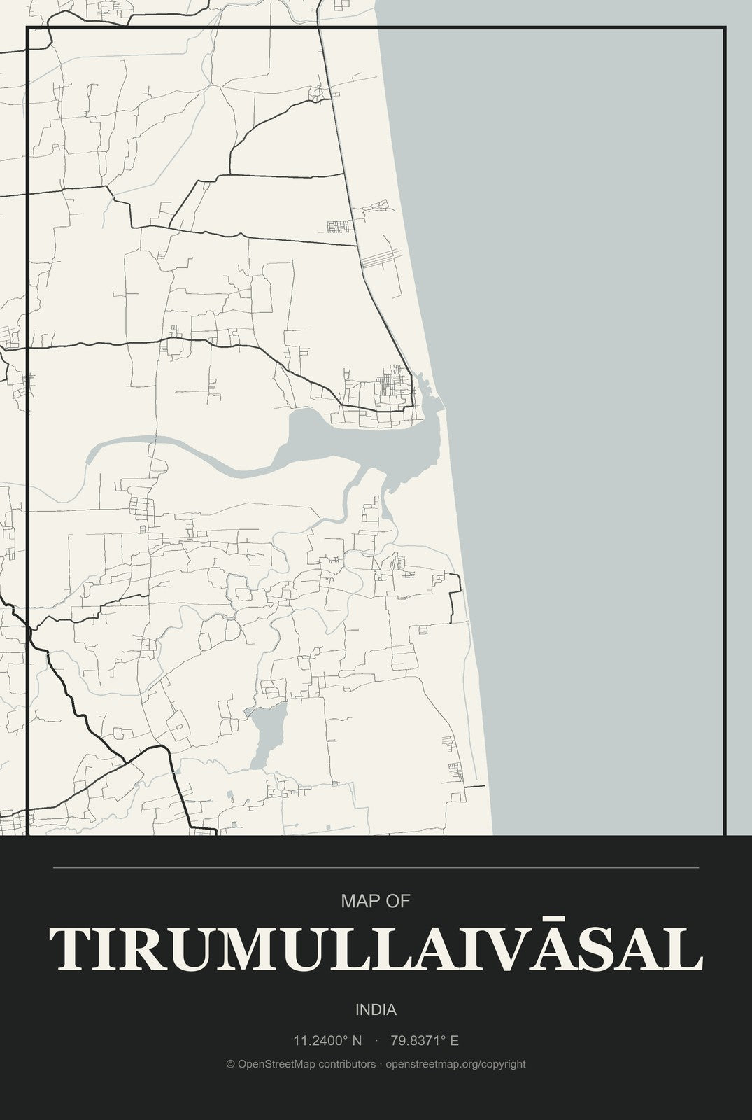 Tirumullaivāsal, India City Map Aluminum Sign in Museum Plaque style
