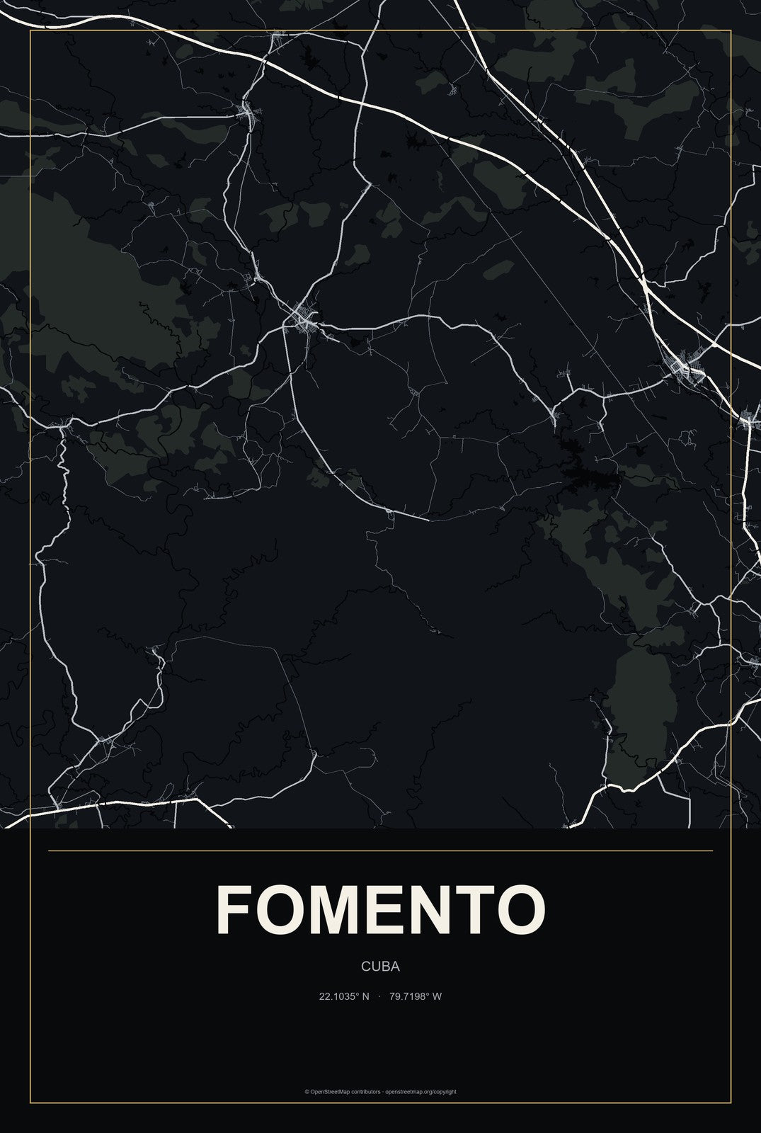 Fomento, Cuba City Map Aluminum Sign in Metropolitan Noir style