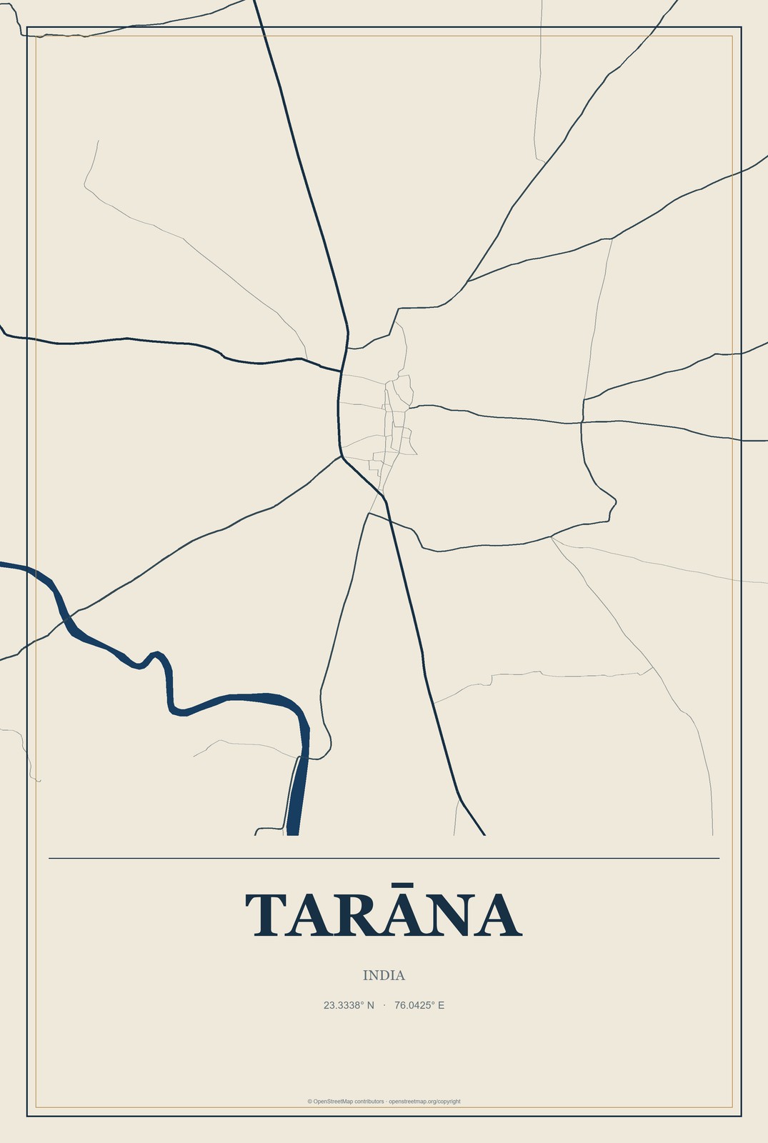 Tarāna, India City Map Aluminum Sign in Coastal Cutout style