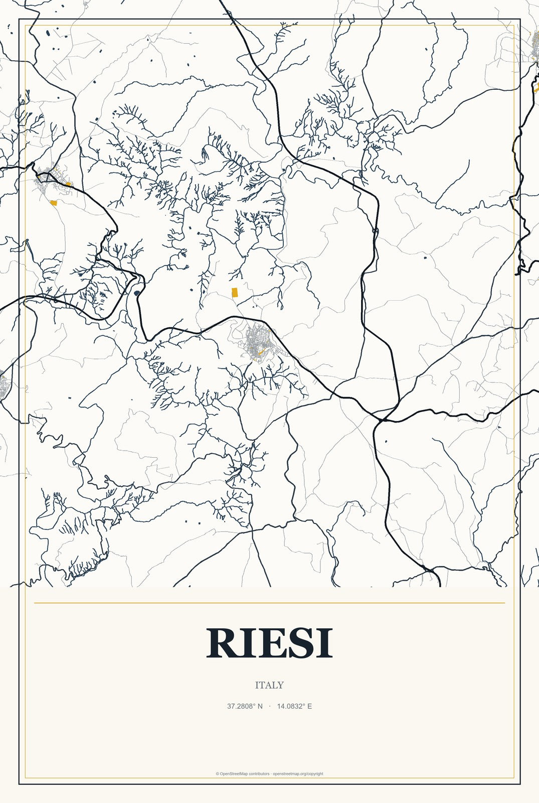 Riesi, Italy City Map Aluminum Sign in Citrine Modern style